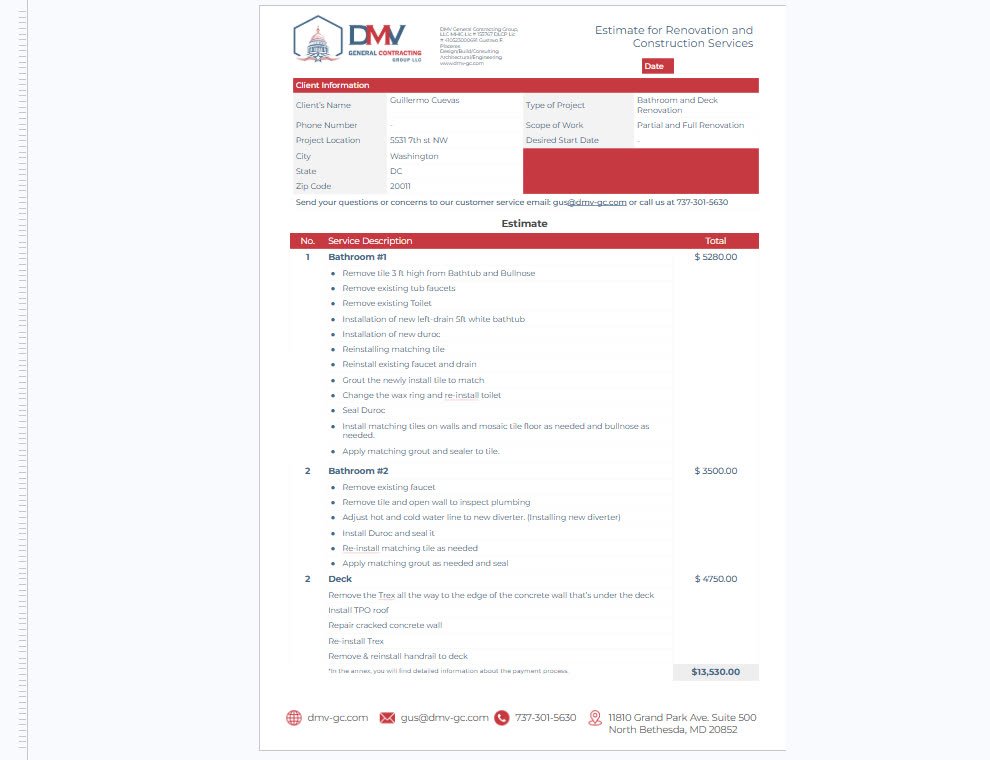 Estimate and contract model for renovation services
