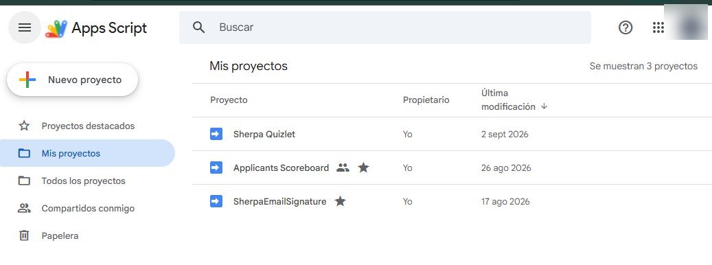 Google Apps Script projects including Quizlet, applicant scoreboard, and email signature