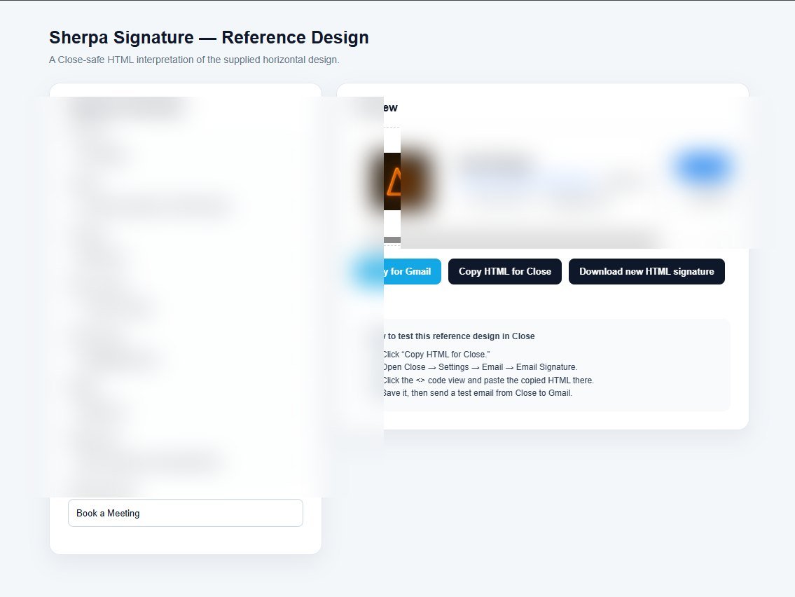 Sherpa HTML email signature tool with sample identity blurred
